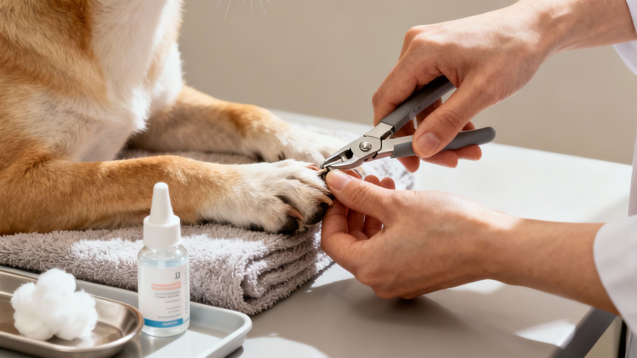 A close-up of a person trimming a light brown dog's nails with clippers at a vet or home.