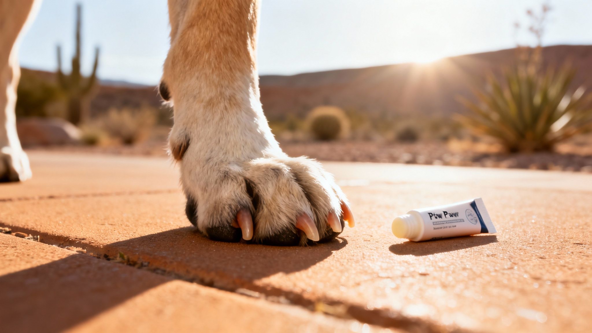 Close-up of a dog's paw with long nails next to a Paw Paws cream in a desert setting.