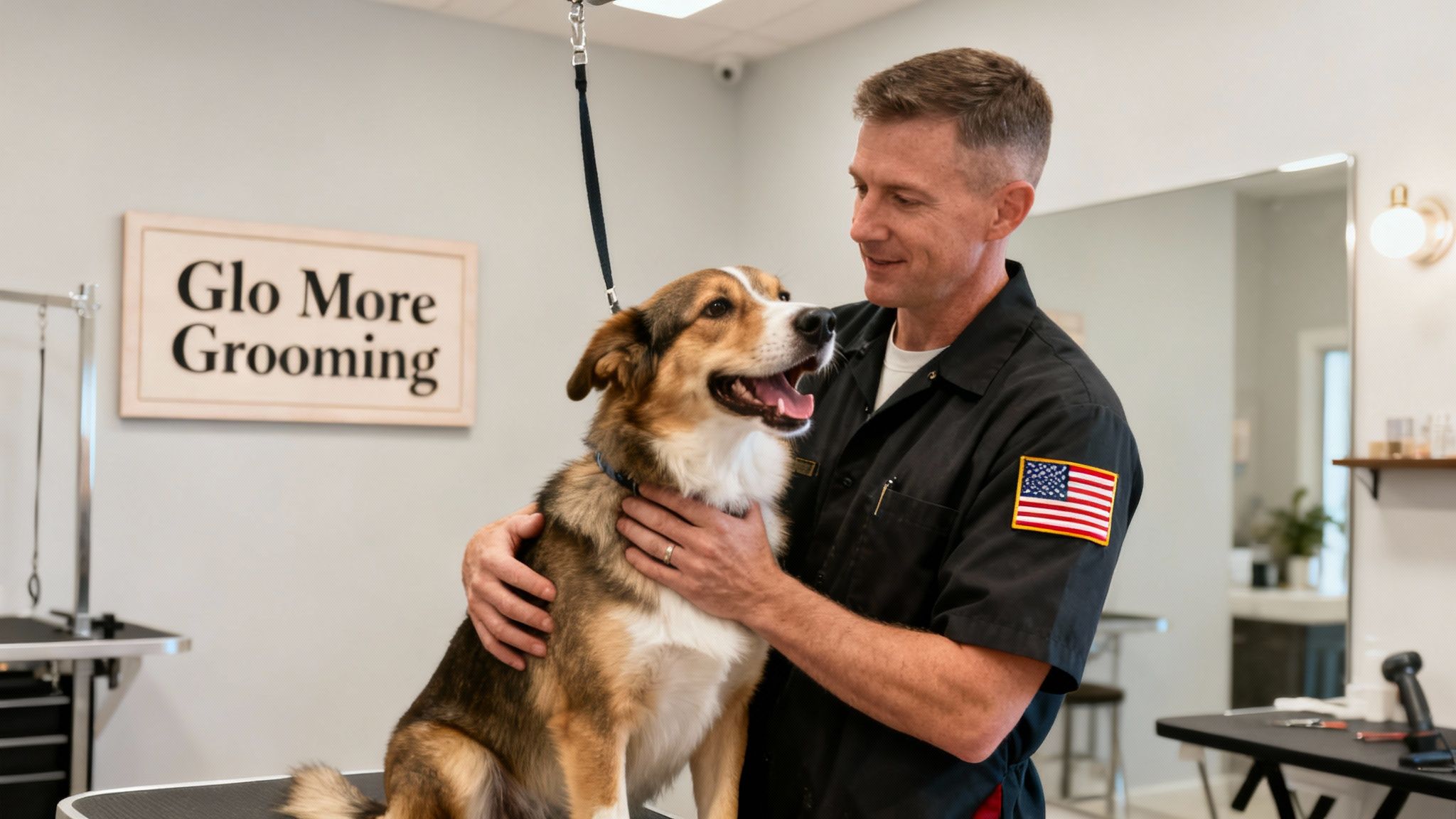 A smiling male groomer gently holds a happy dog on a grooming table in a pet salon.