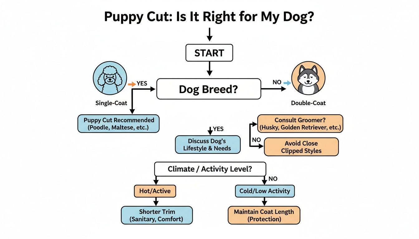 A flowchart titled 'Puppy Cut: Is It Right for My Dog?', guiding grooming decisions based on dog breed and lifestyle.