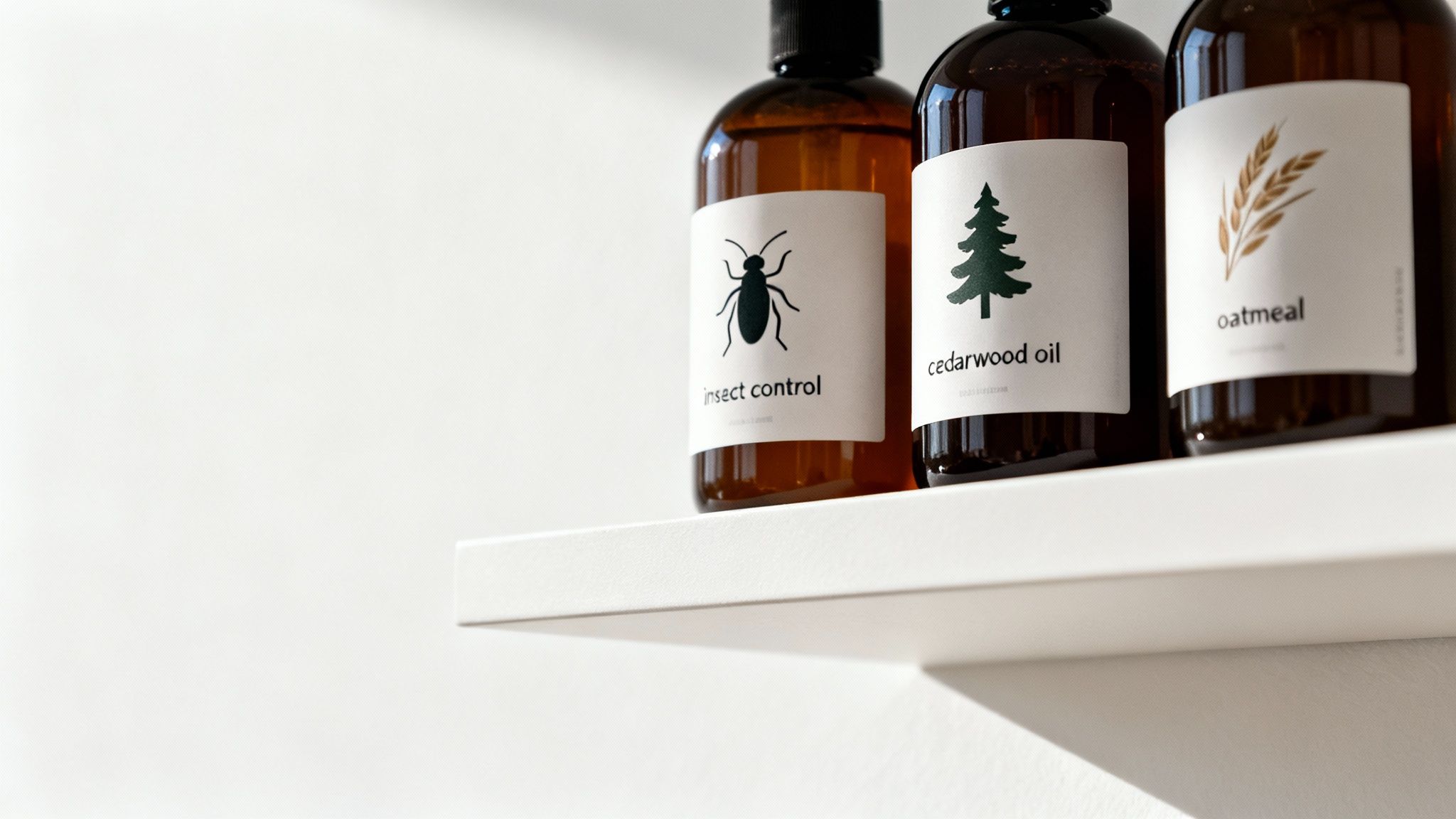 Three amber bottles with labels for insect control, cedarwood oil, and oatmeal on a white shelf.