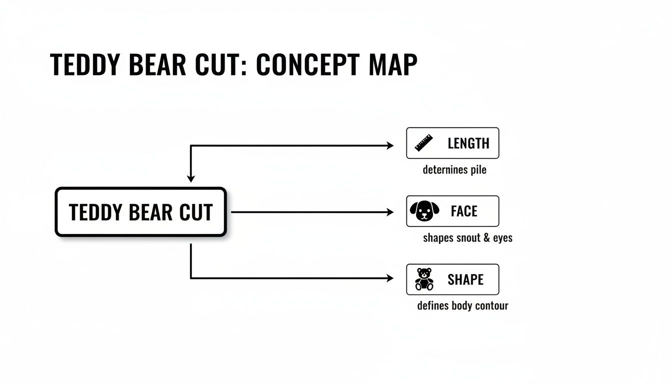 A concept map illustrating the Teddy Bear Cut for dogs, detailing length, face, and overall shape.