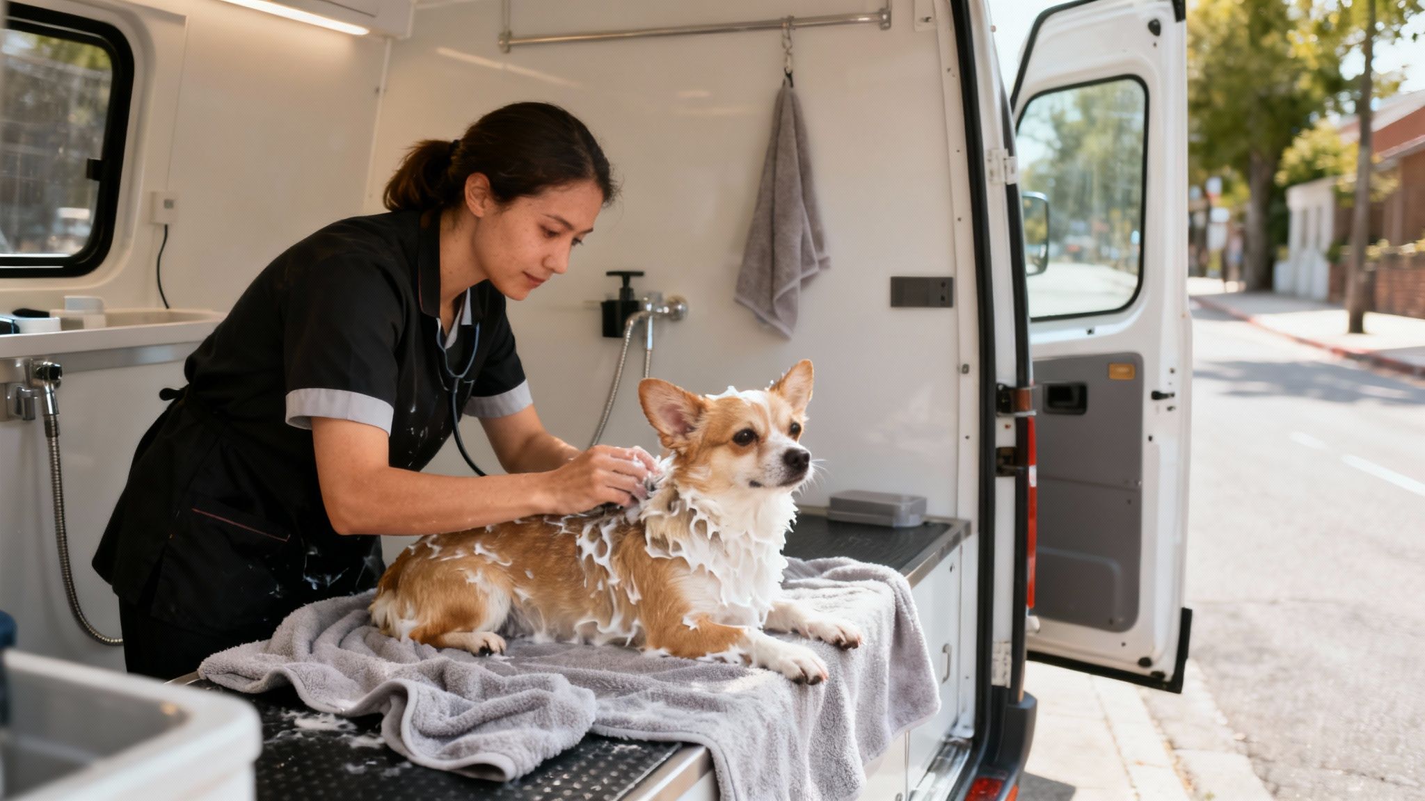 A female groomer bathes a fluffy Corgi dog with suds in a white mobile grooming van.