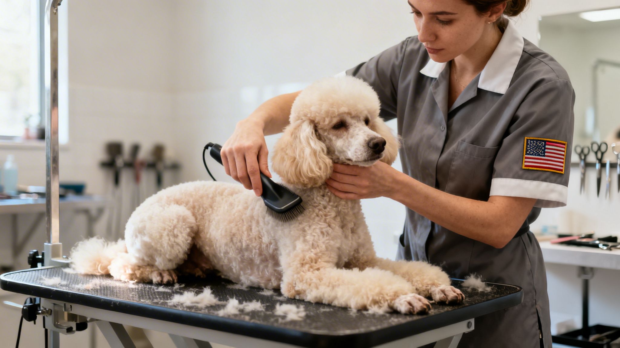 A professional groomer brushes a fluffy light-colored poodle on a grooming table in a clean salon.