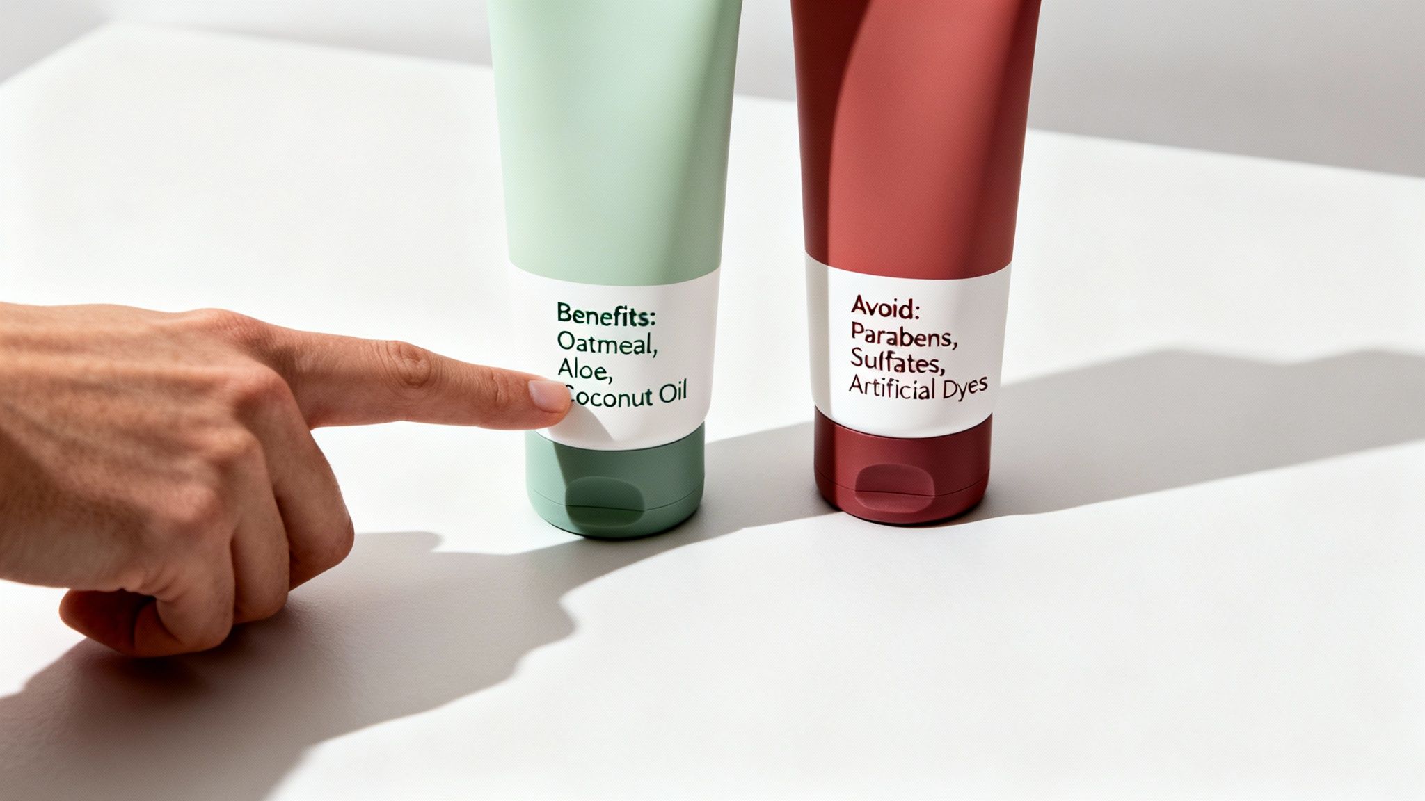 A hand points to a green skincare tube highlighting natural ingredients like oatmeal, aloe, and coconut oil.