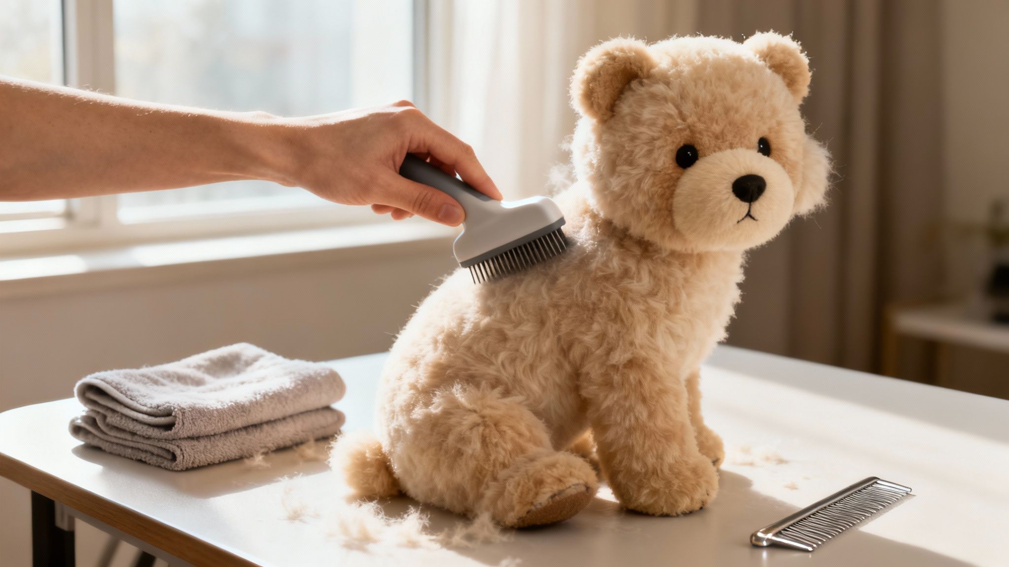 A person gently brushes a fluffy teddy bear on a table, with towels and a comb nearby.
