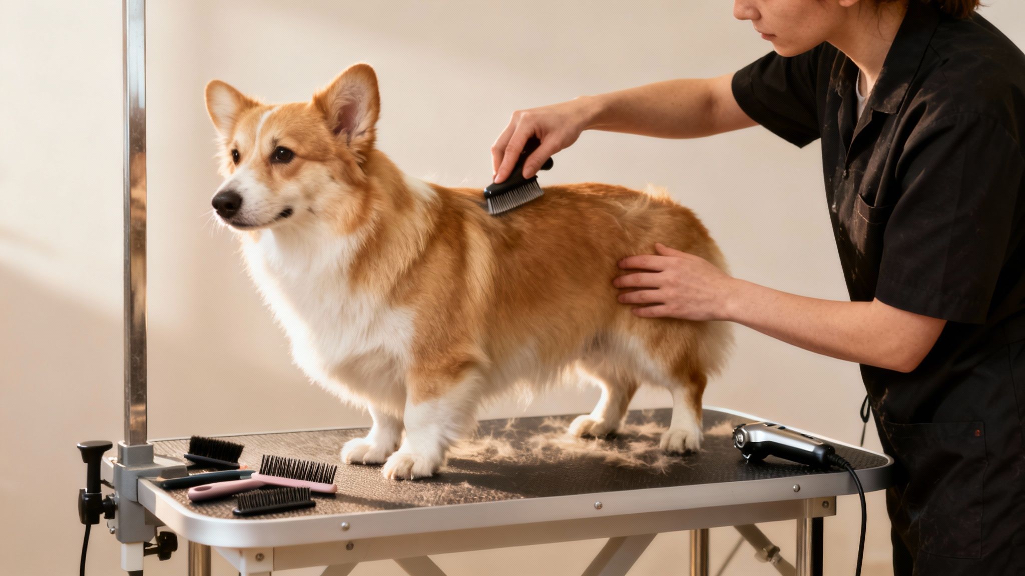 A professional groomer brushes a Welsh Corgi Pembroke on a grooming table, surrounded by loose fur.