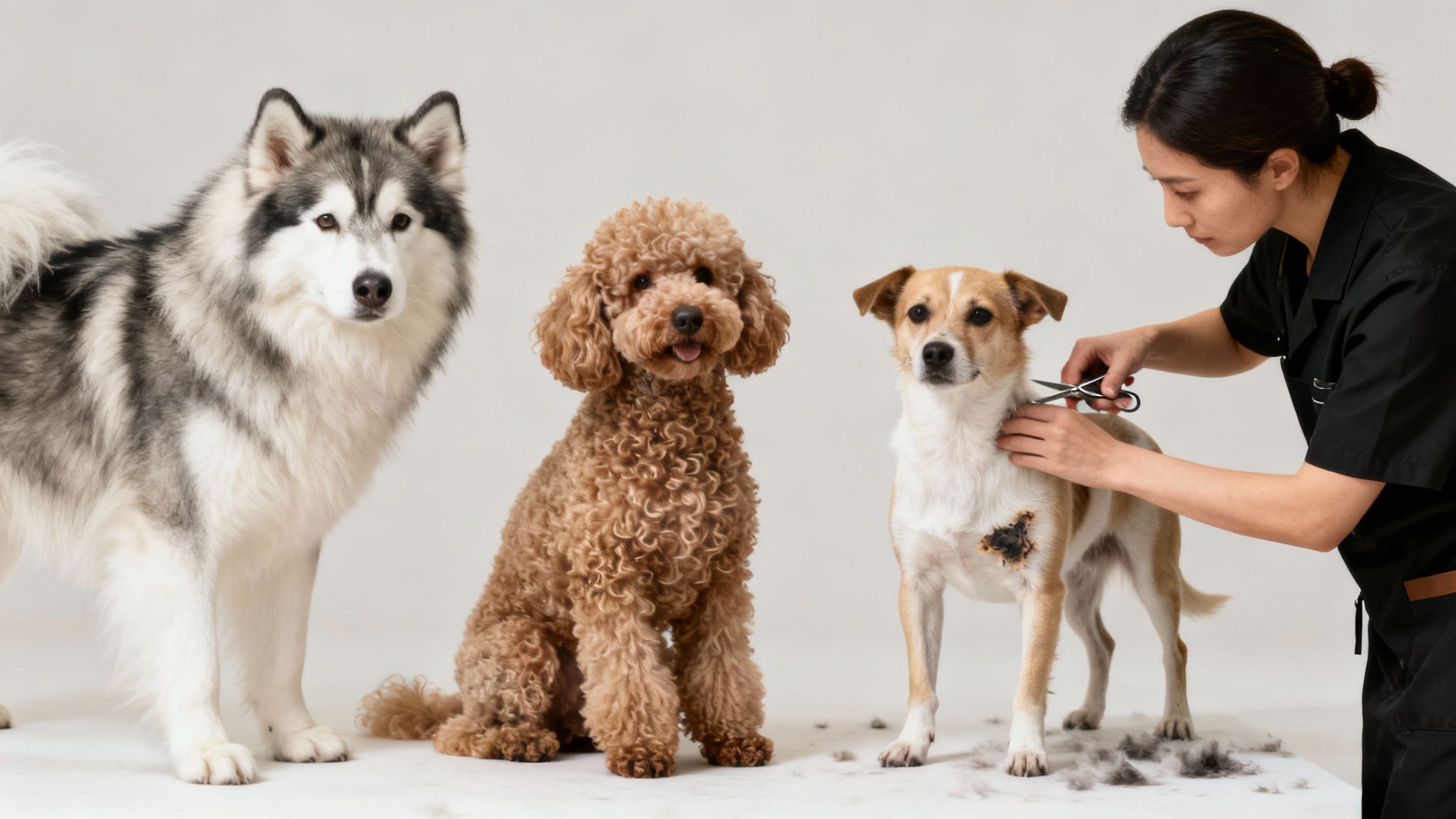A professional groomer trims a tan and white dog, while a husky and poodle stand nearby.