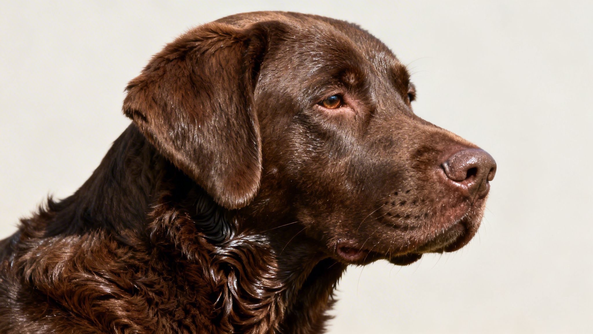 Close-up profile of a wet, dark brown Labrador retriever looking intently to the right.