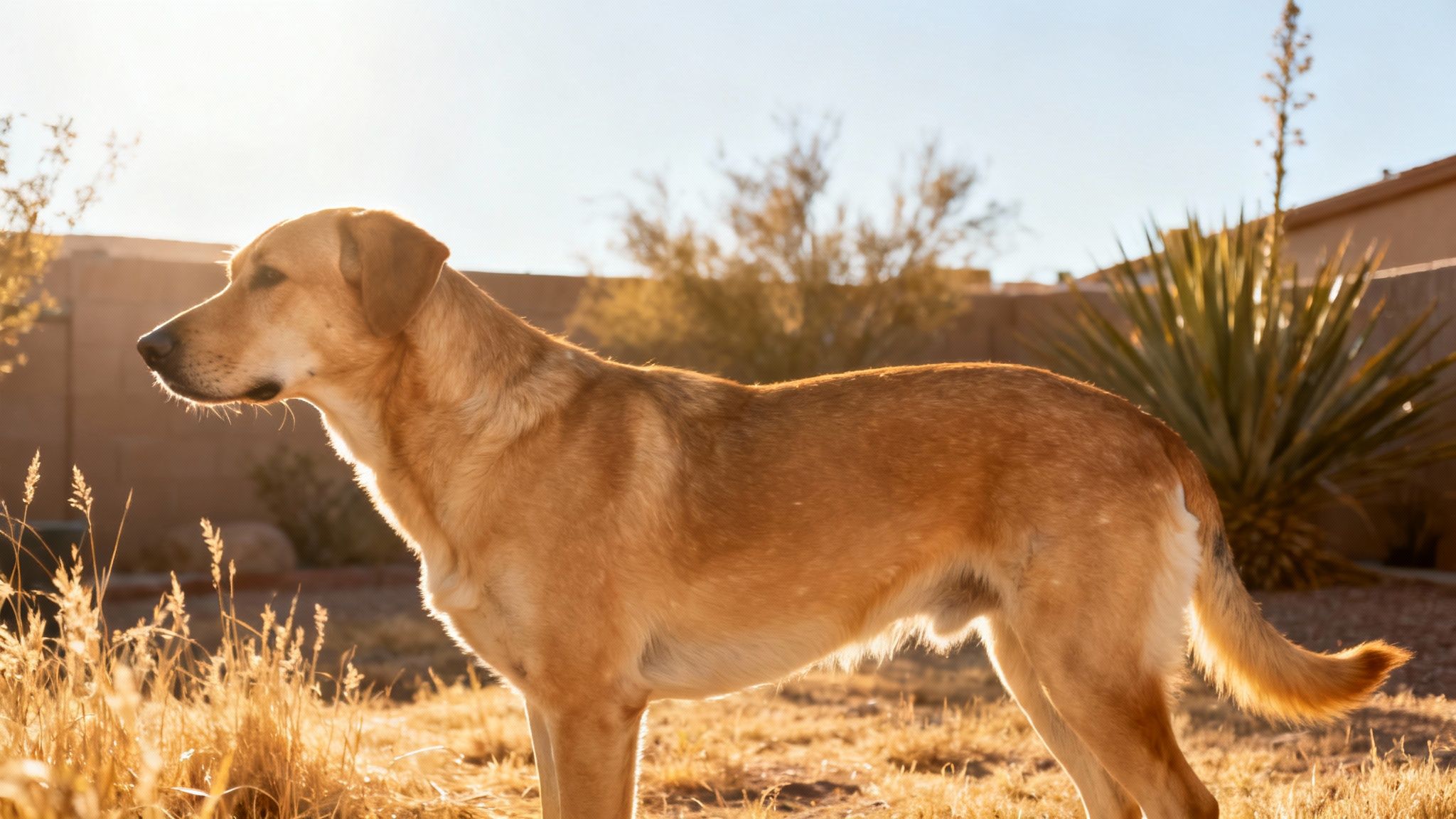 A beautiful golden-brown dog stands in profile in a sunny backyard, bathed in warm golden light.