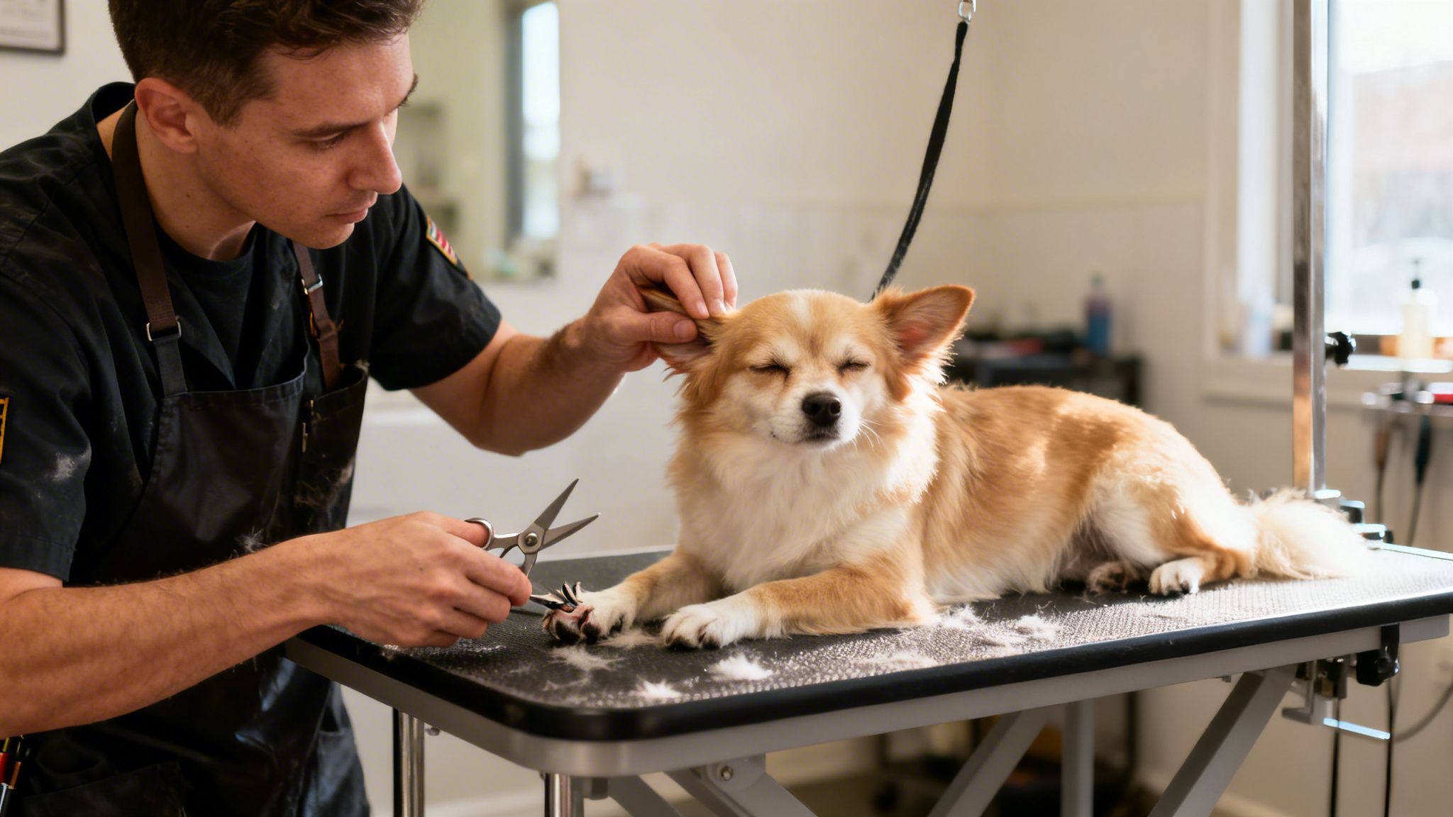 A groomer uses scissors to trim a small, relaxed dog's fur on a specialized grooming table.