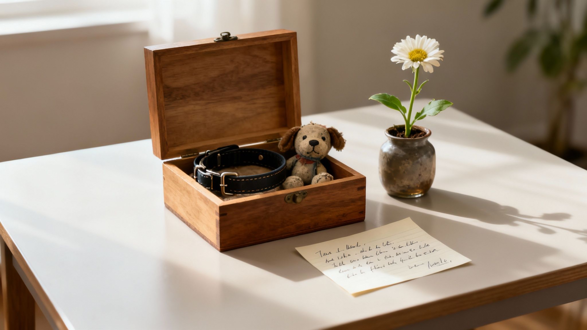 A wooden memory box containing a dog collar and plush toy, with a daisy and a handwritten note, symbolizing pet loss.