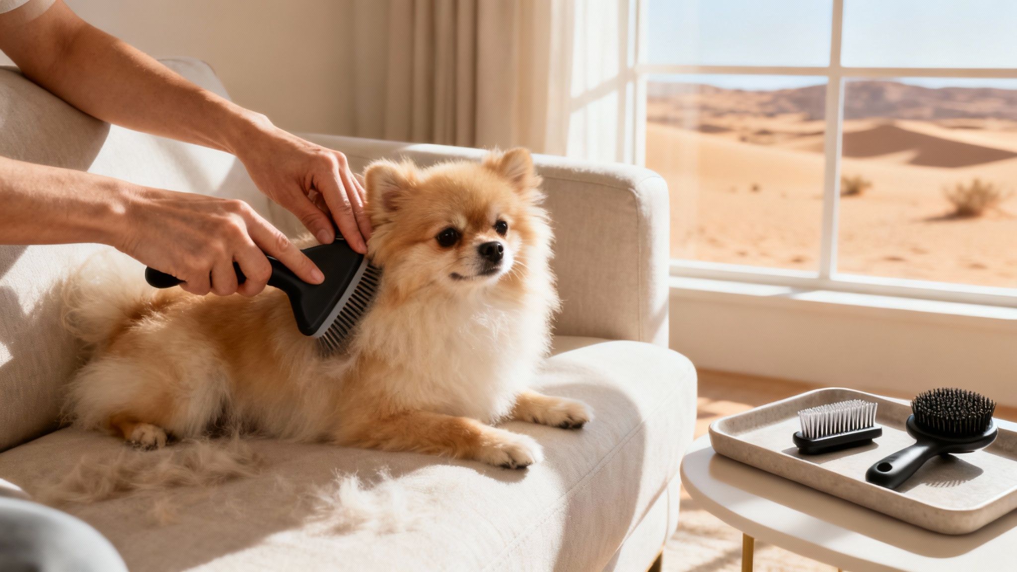A person grooms a fluffy Pomeranian dog on a sofa with a brush, shedding fur, with a desert view outside.