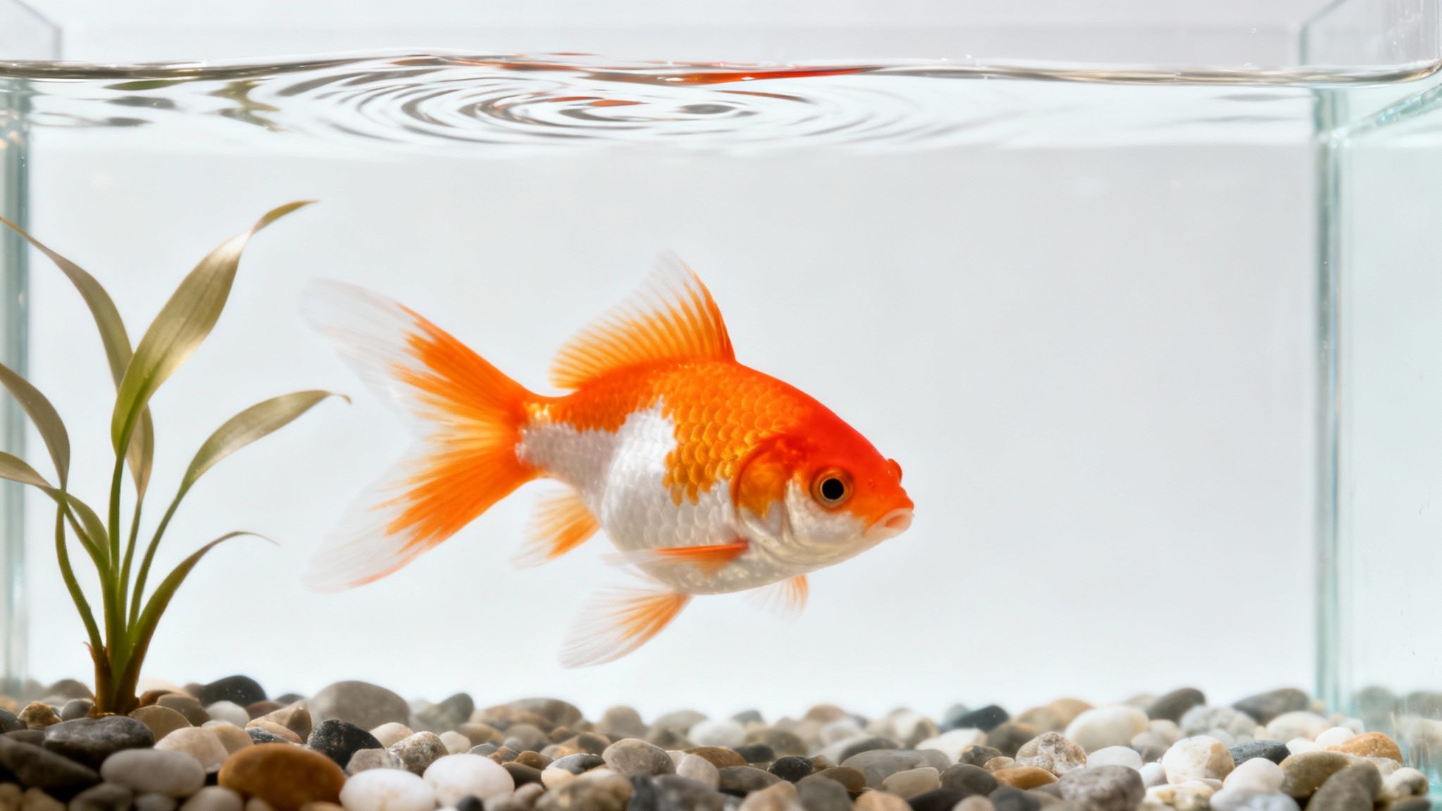 An orange and white goldfish swims peacefully in a glass aquarium with a small plant and pebbles.