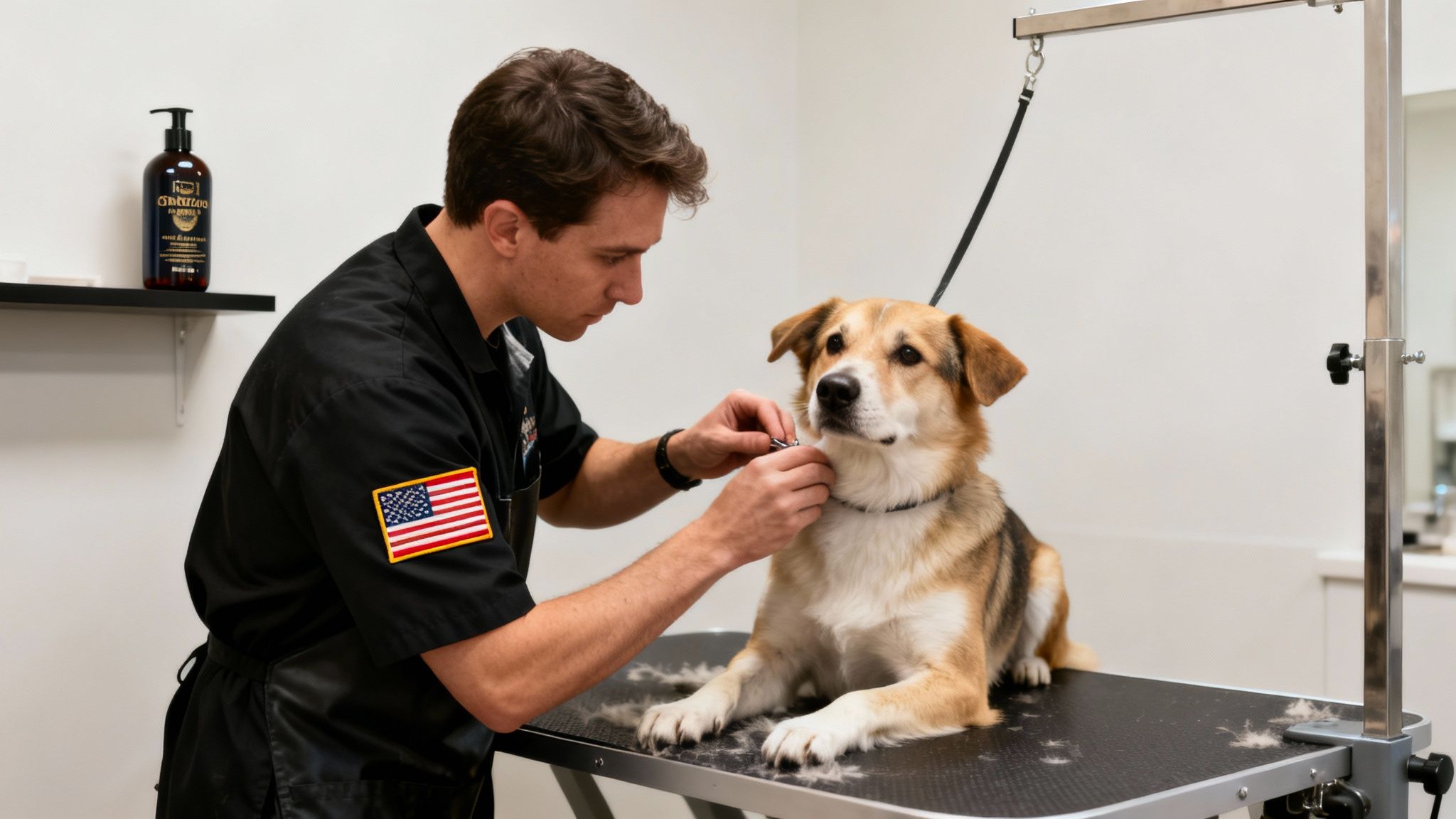 A man in a black uniform grooms a brown and white dog on a professional grooming table.