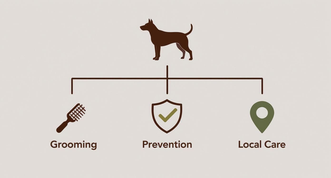 Diagram illustrating dog care categories: grooming, prevention, and local care, with corresponding icons.