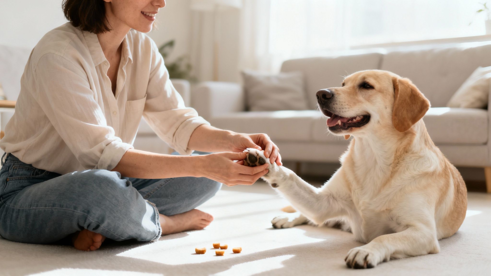 A smiling woman on the floor holding her golden retriever's paw, with treats nearby.
