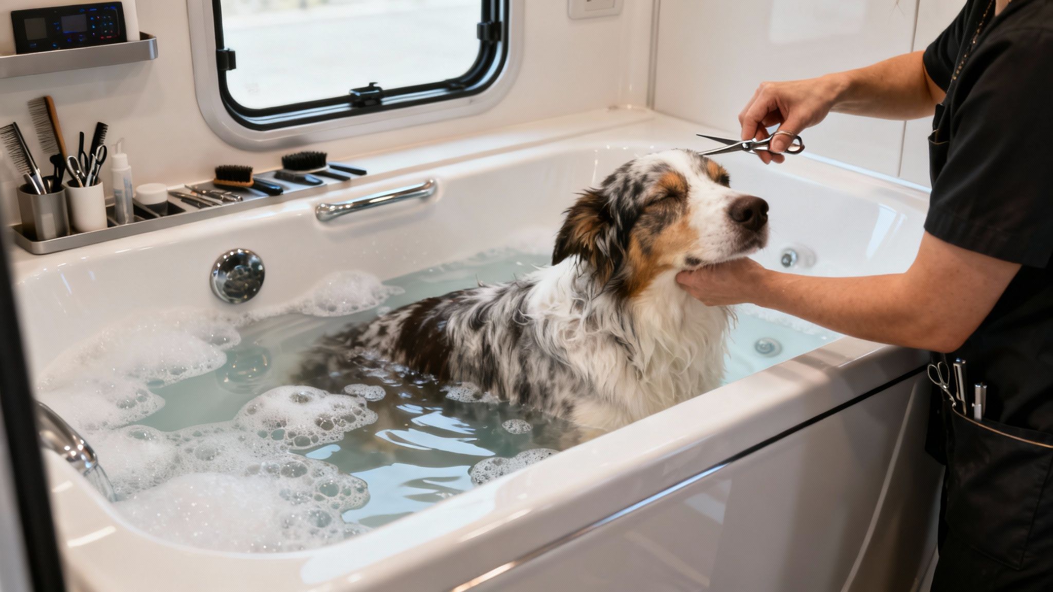 A professional groomer gives a multi-colored Australian Shepherd dog a bath and trim in a mobile spa.