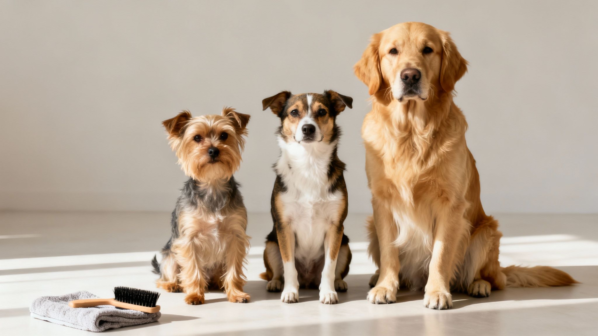 Three dogs of different breeds sit patiently next to a grooming brush and towel.