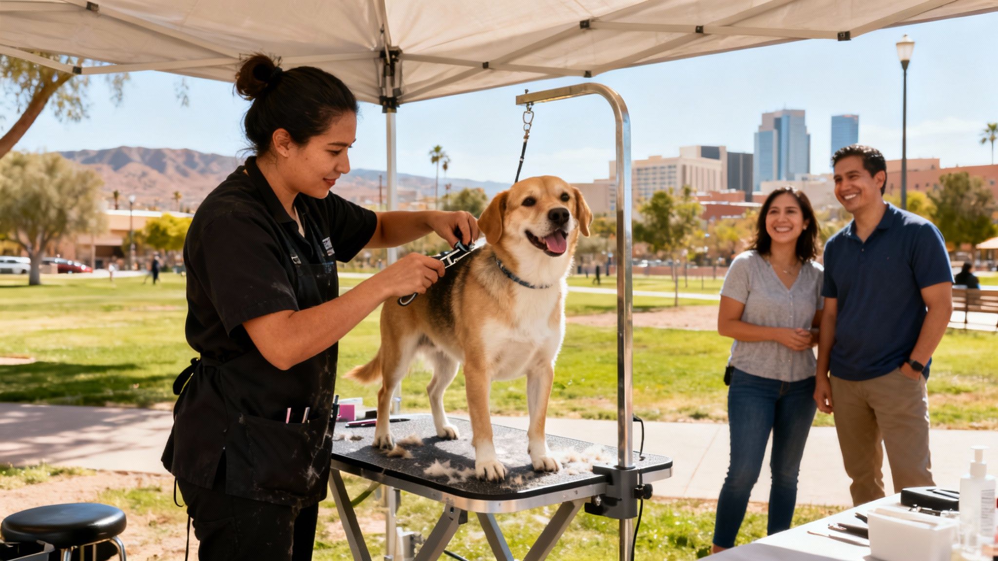 A professional dog groomer gently grooms a happy dog outdoors, observed by its smiling owners.