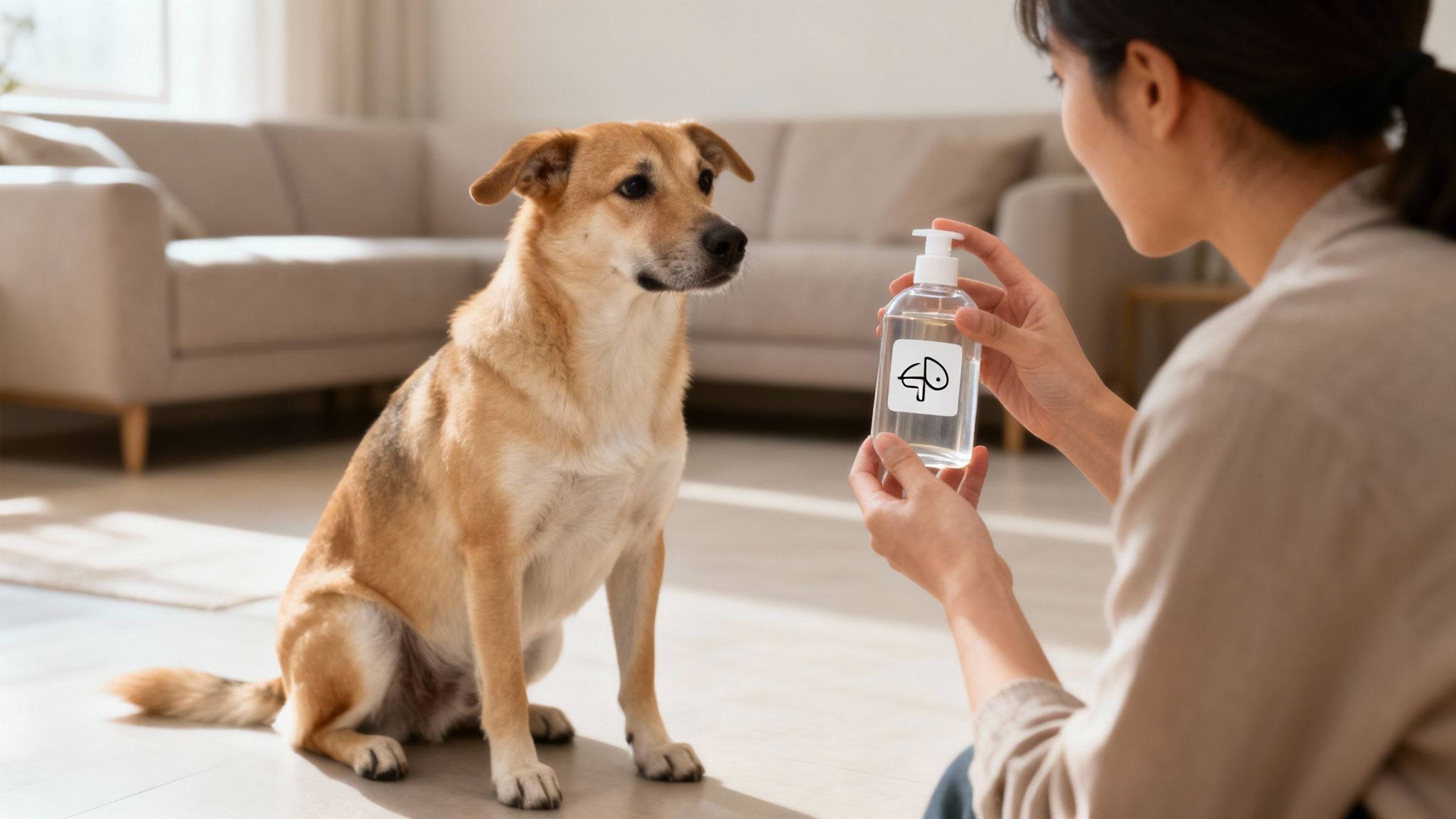 A woman holds a clear bottle with an umbrella logo in front of a golden-brown dog.