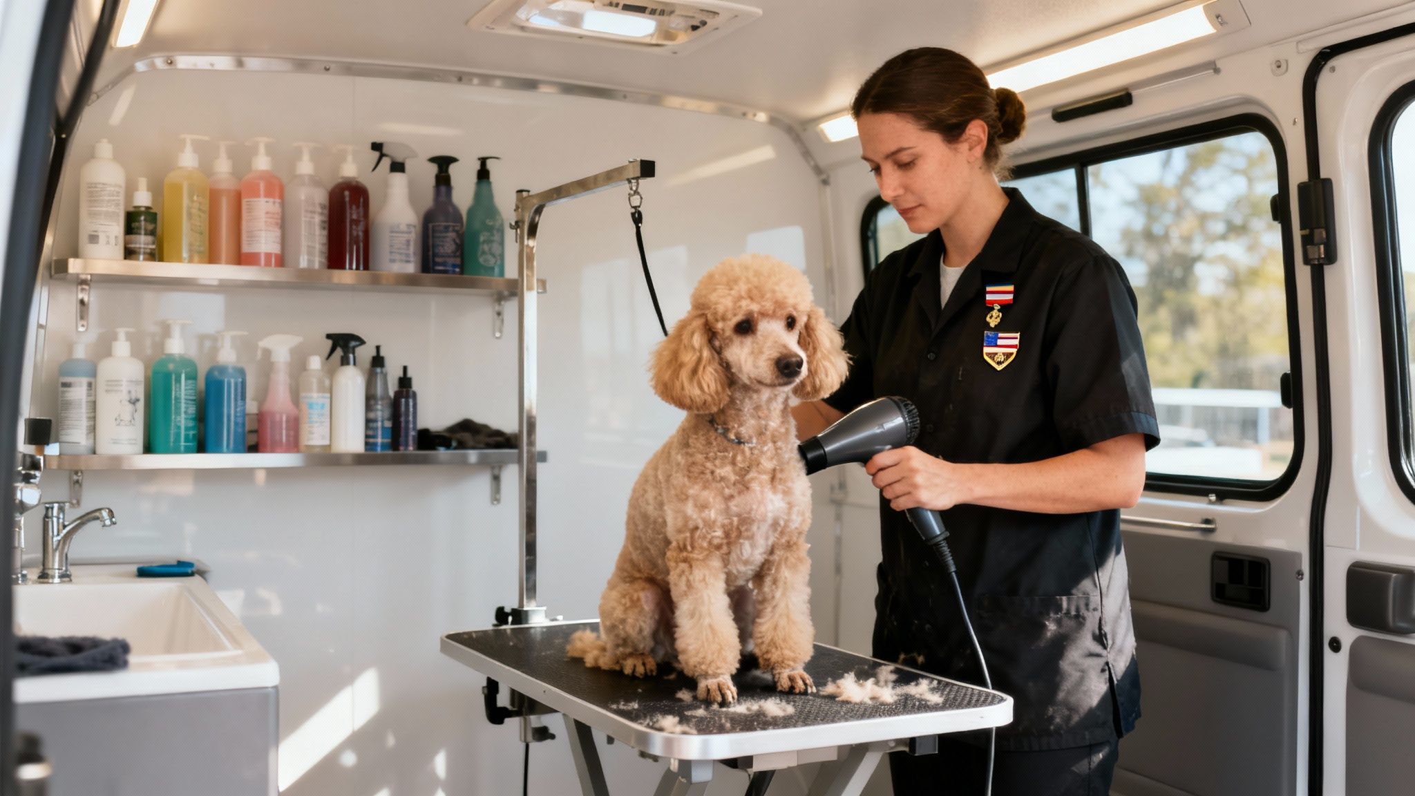 A professional groomer blow-dries a light brown poodle on a table inside a mobile pet spa.