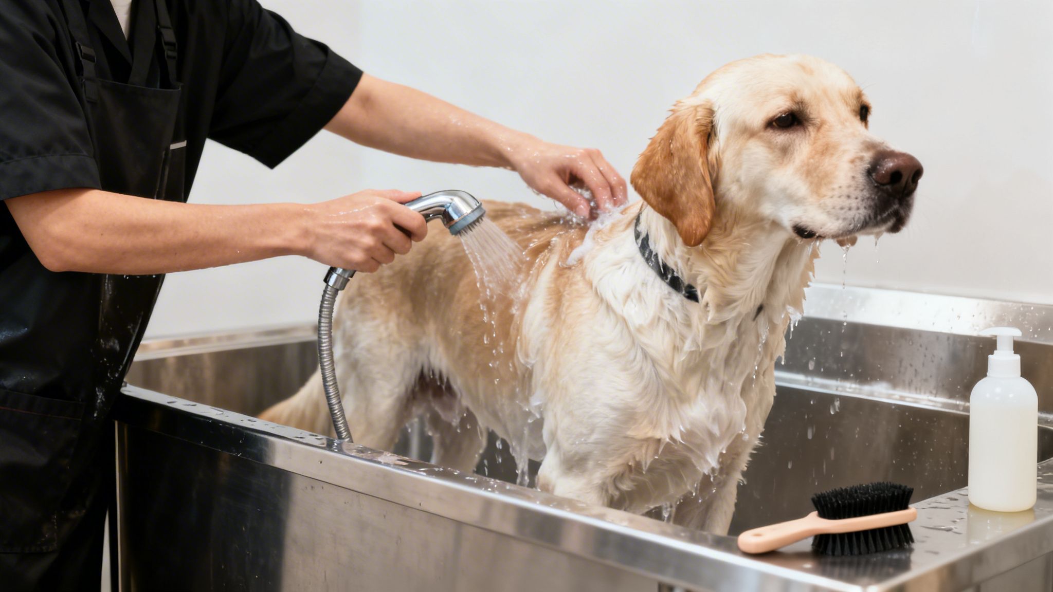 A professional groomer gives a golden retriever a bath in a stainless steel tub.