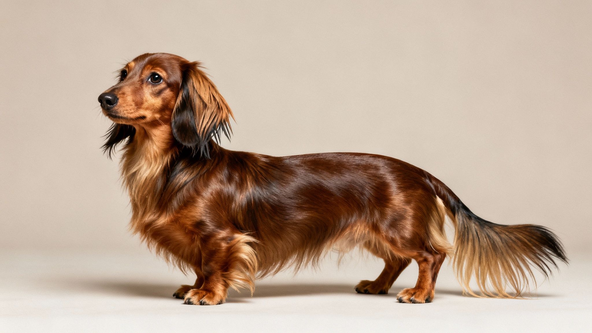 A majestic long-haired brown dachshund dog stands proudly, looking left against a plain background.