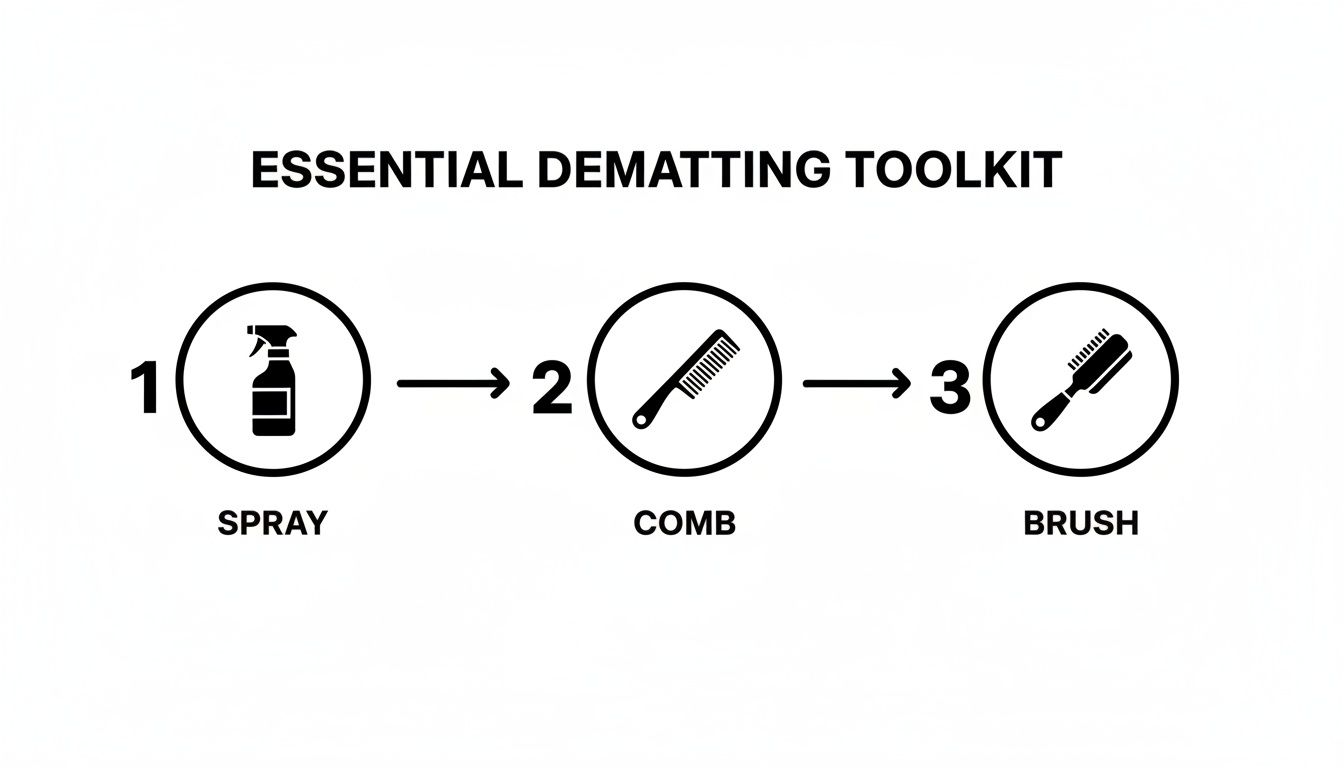 A visual guide to dematting a pet, illustrating three steps: spray, comb, and brush.