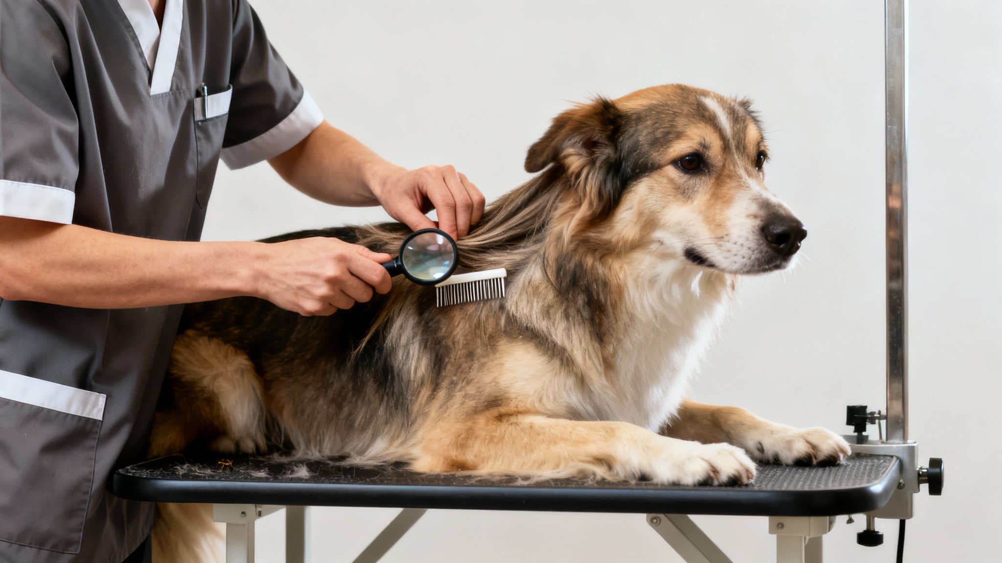A groomer checks a dog's fur with a magnifying glass and comb on a grooming table.