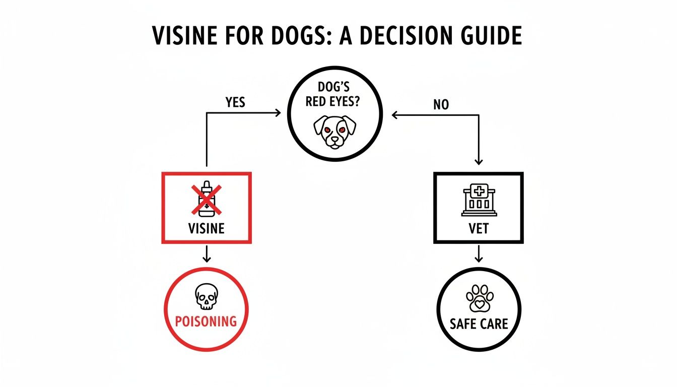 A decision guide flowchart warning against using Visine for dogs with red eyes, which can cause poisoning.