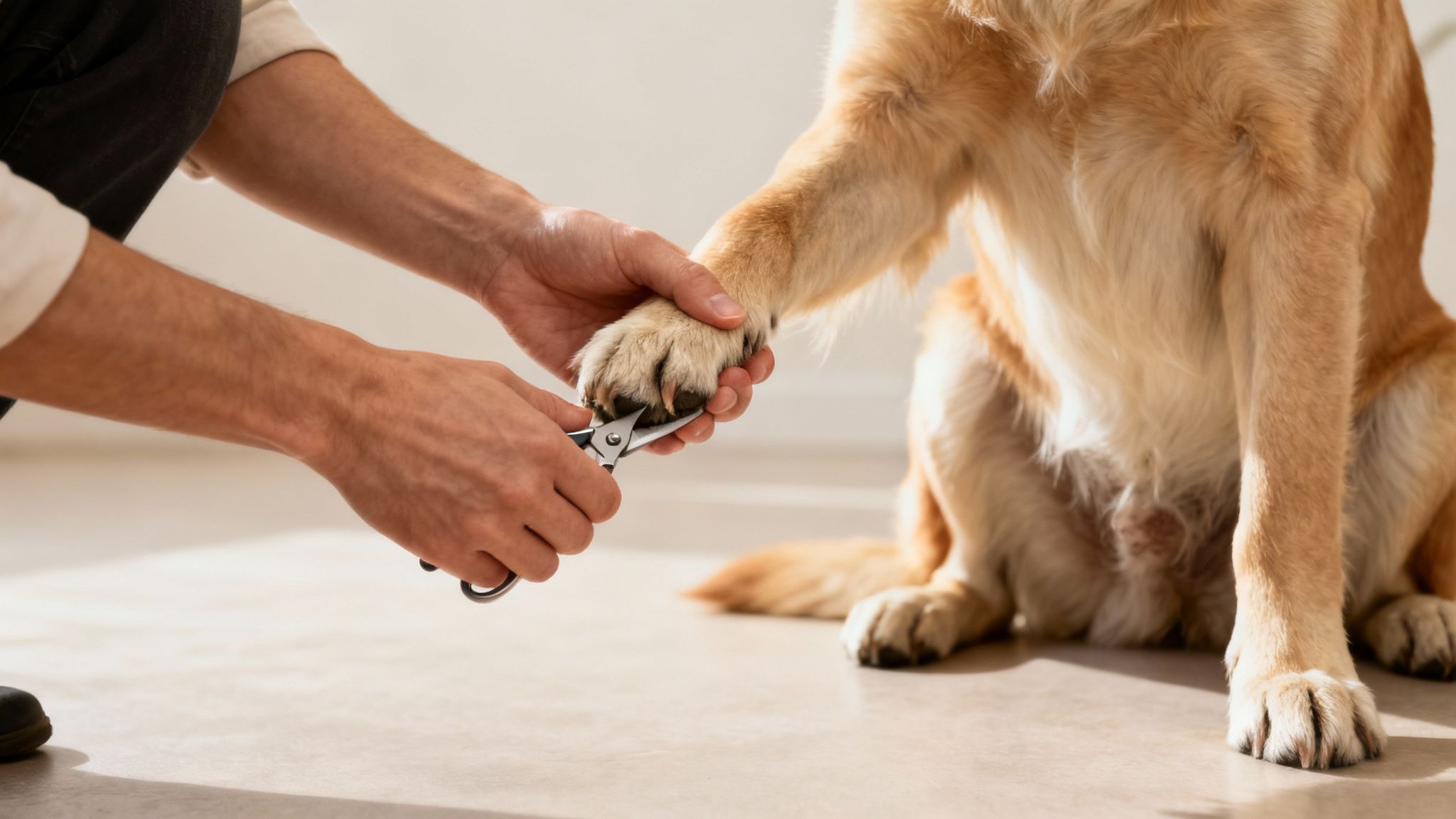 A person carefully uses clippers to trim the nails of a golden retriever dog's paw.