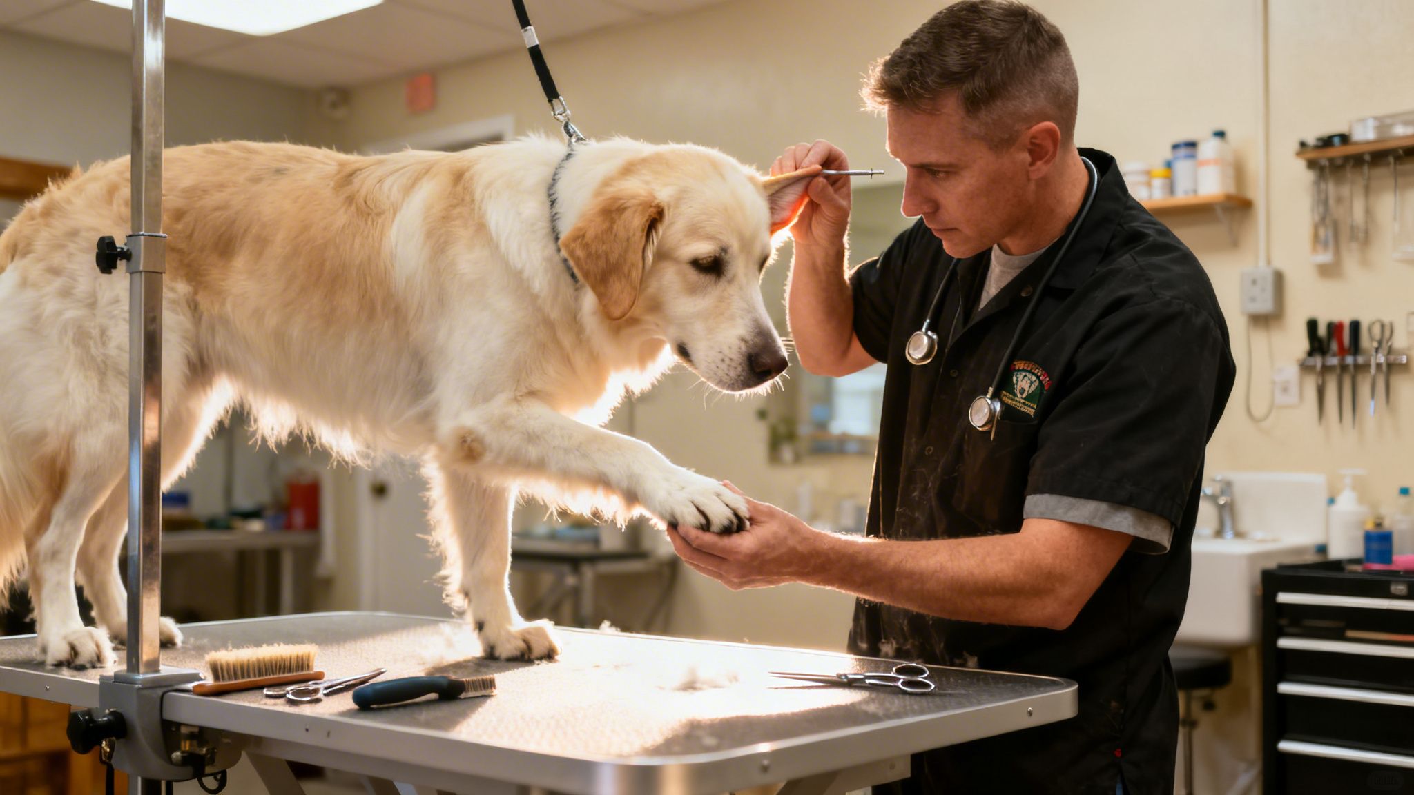 A professional dog groomer carefully trims the ear of a Golden Retriever on a grooming table.