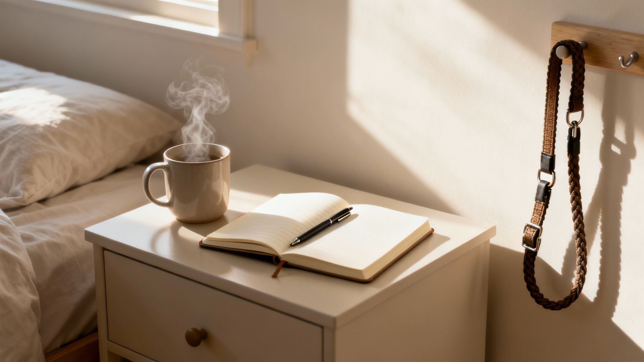 A steaming mug of coffee and an open journal with a pen on a sunlit bedside table next to a bed.