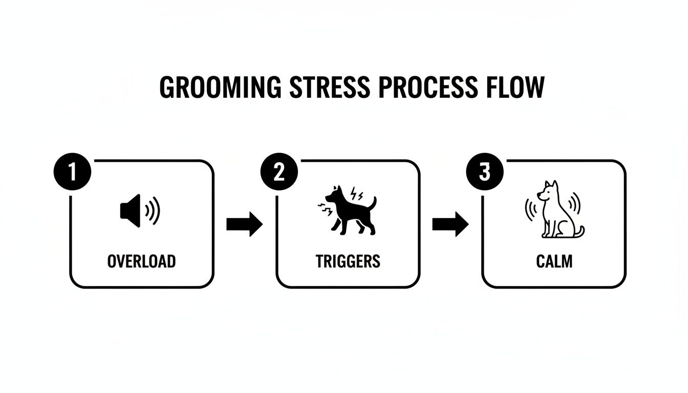 A flow chart illustrating the grooming stress process: Overload, Triggers, and Calm stages for dogs.