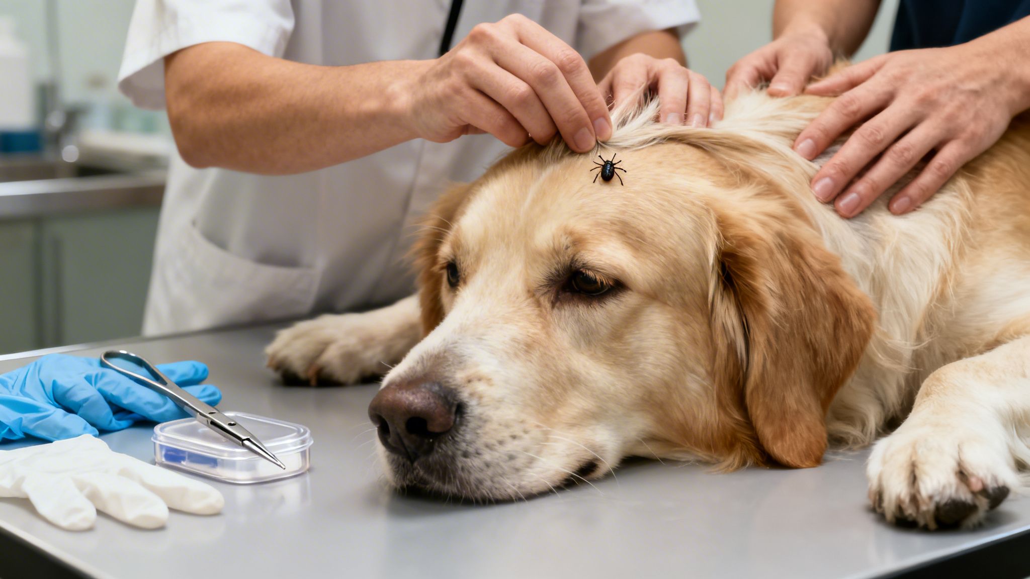 Veterinarians carefully checking a golden retriever dog for ticks on an examination table.