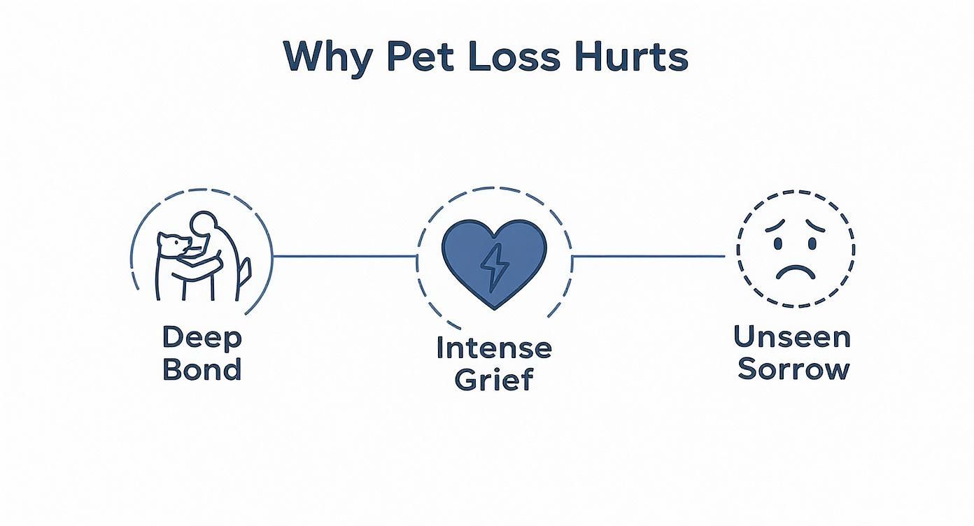 A diagram illustrating why pet loss hurts, showing icons for deep bond, intense grief, and unseen sorrow.