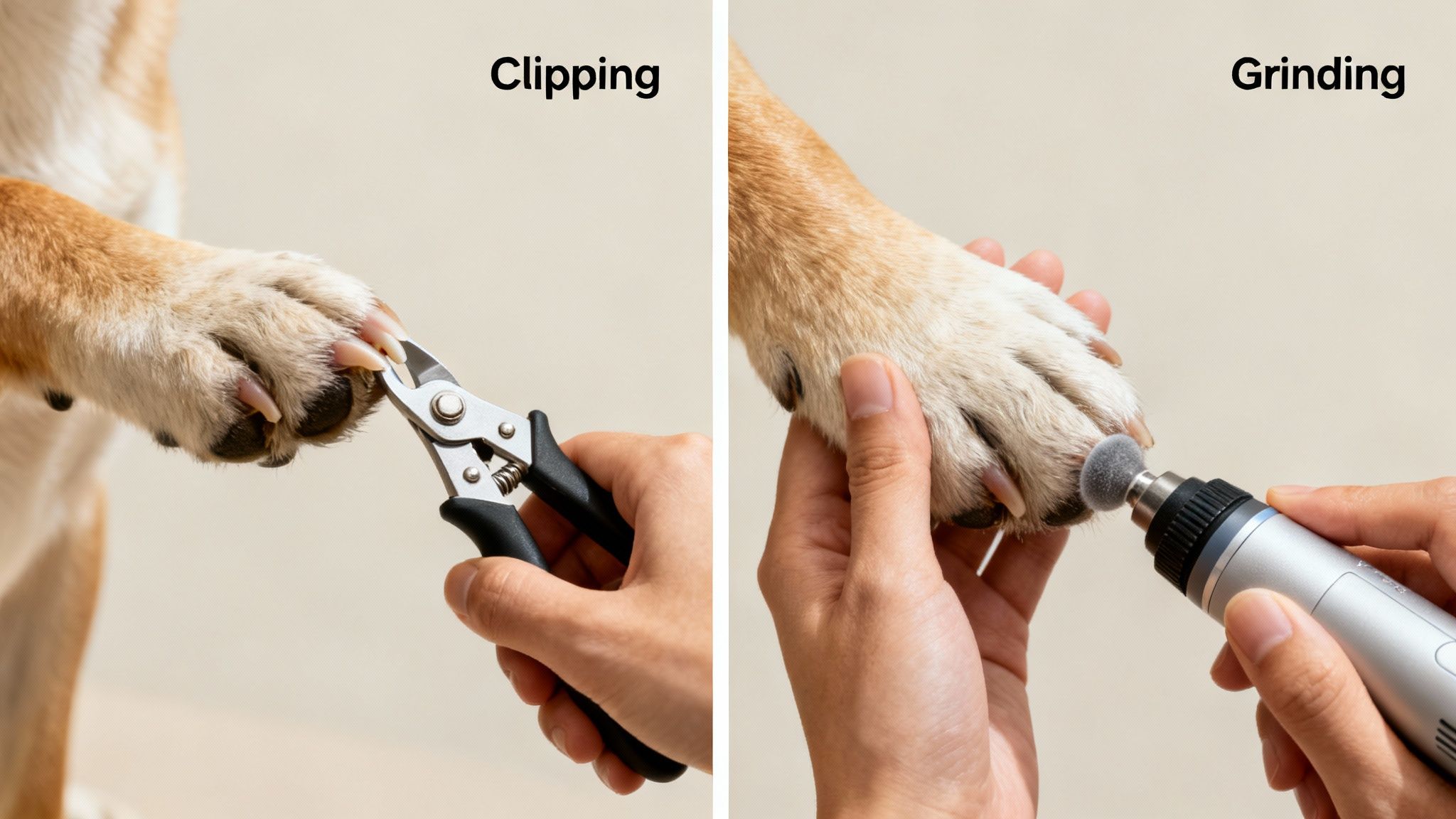 Close-up of a dog's paw receiving nail care: clipping on the left, grinding on the right.