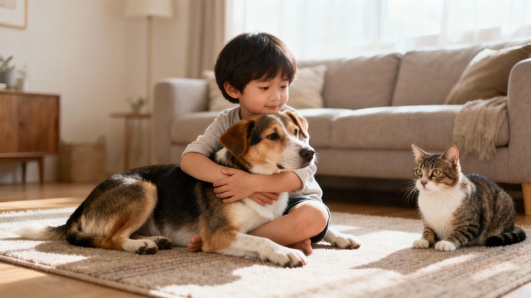A cute Asian boy affectionately hugs his dog, while a curious cat watches from a distance in a warm living room.