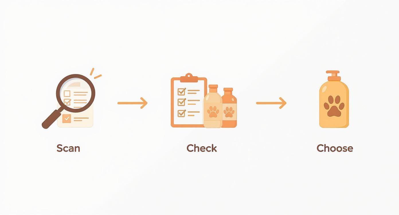 A three-step process: Scan a checklist, Check options, then Choose a dog shampoo.