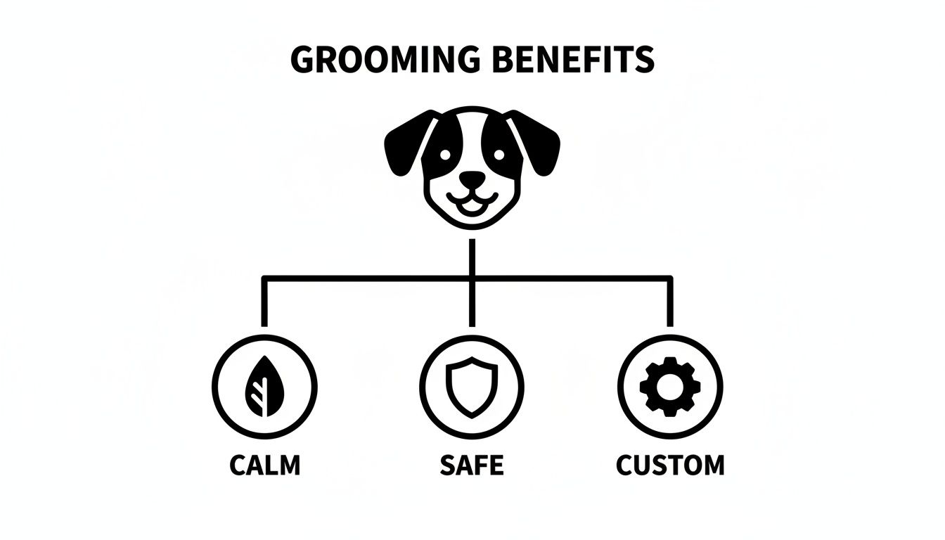 A diagram titled 'Grooming Benefits' showing a dog's head connected to three benefits: Calm, Safe, and Custom.