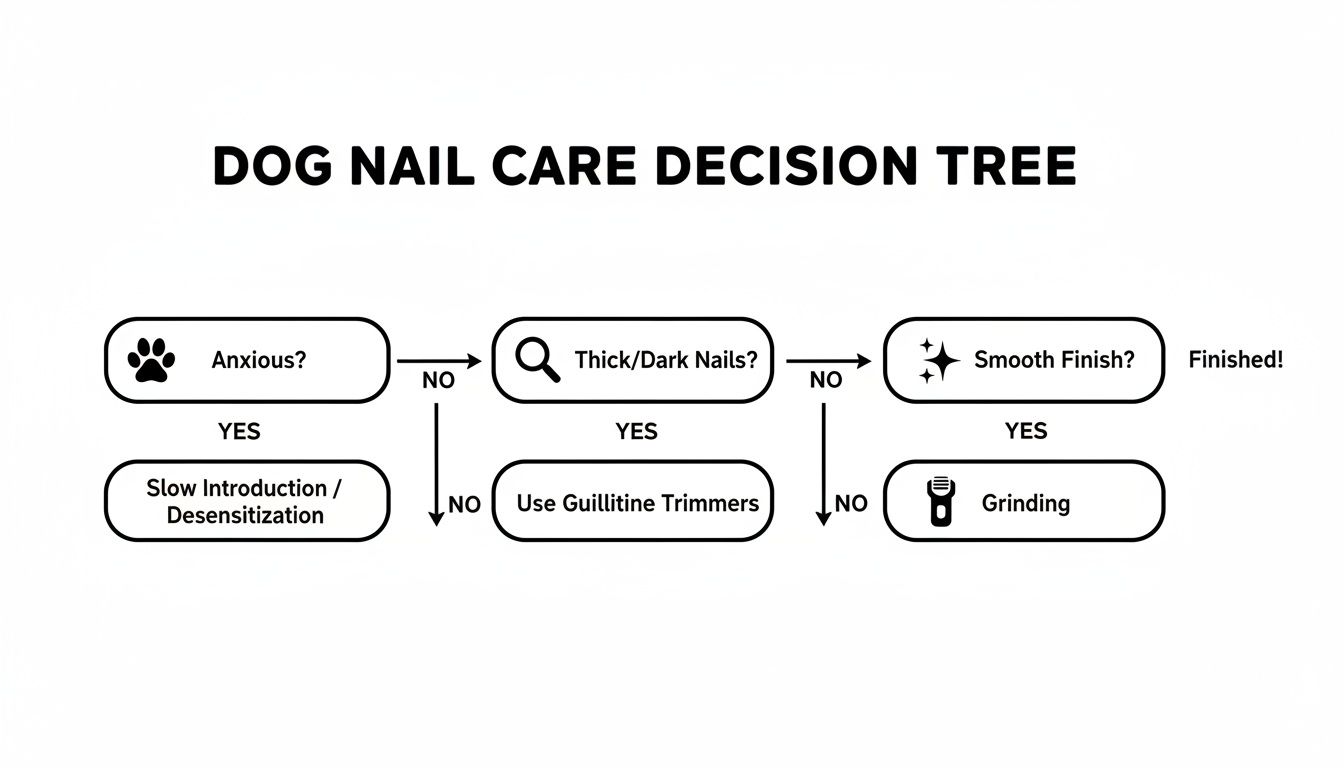 A dog nail care decision tree flowchart guides users through trimming based on dog anxiety, nail type, and finish.