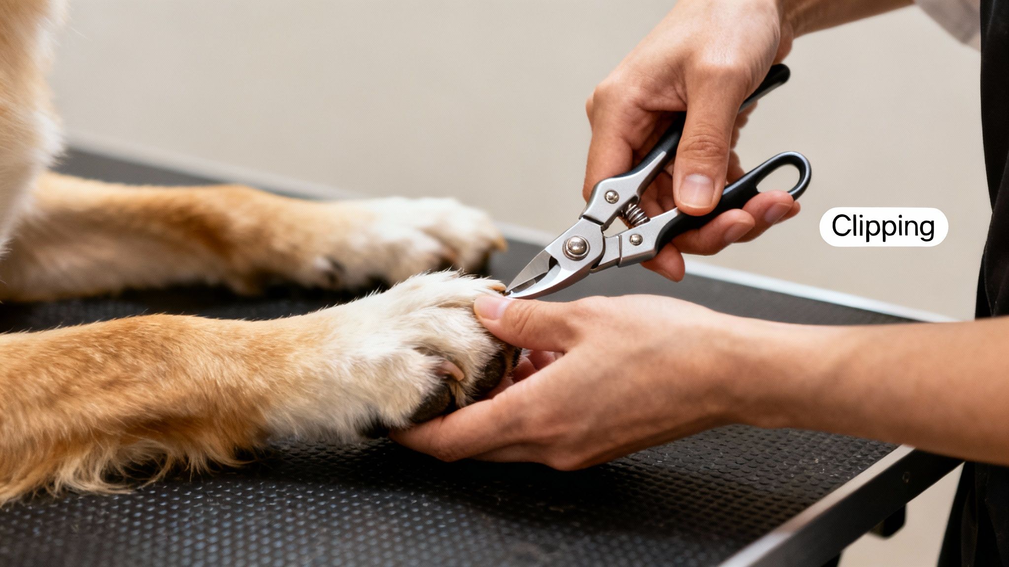 A person is carefully clipping the nails of a golden-brown dog's paw using professional clippers.