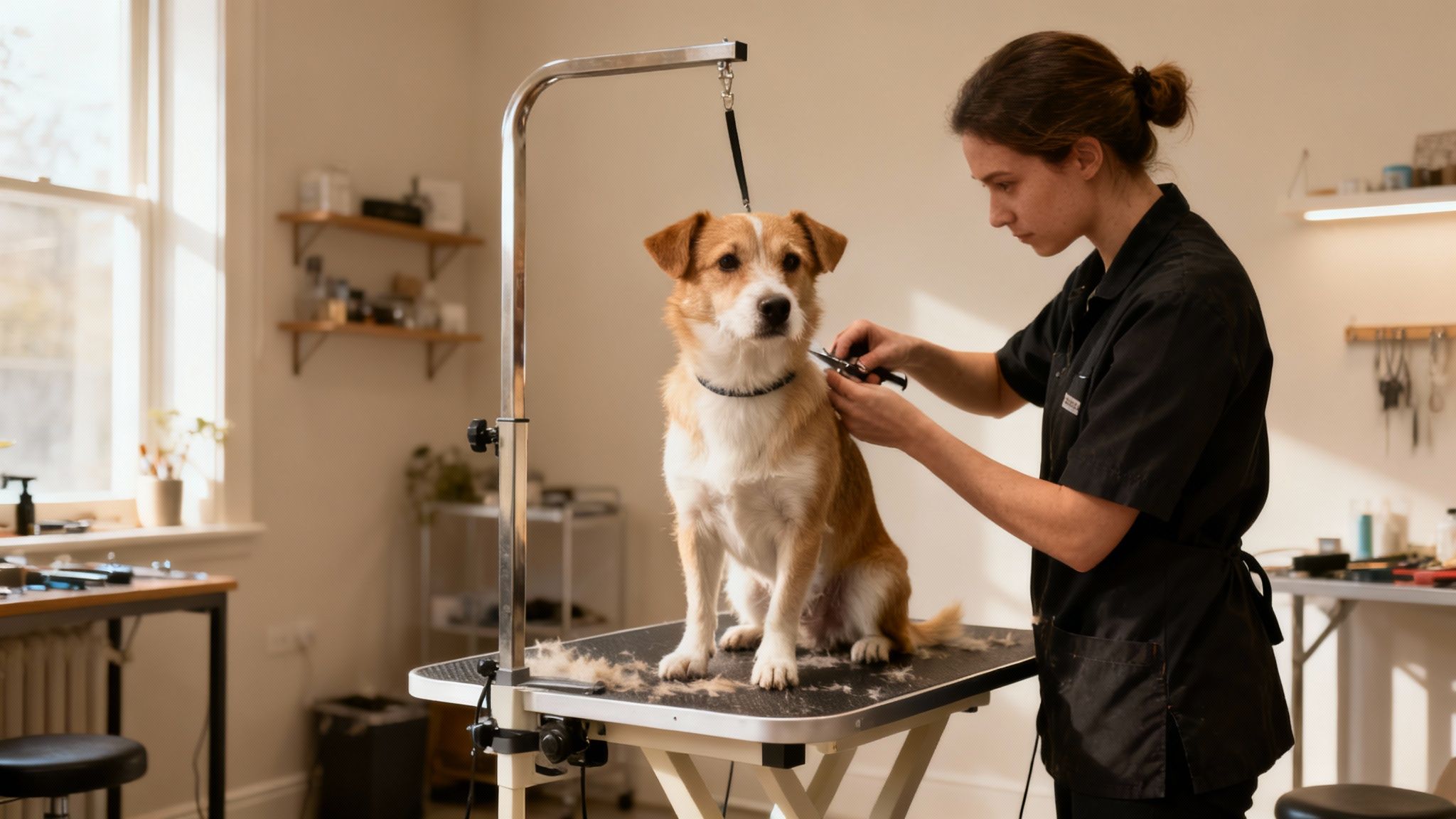 A professional dog groomer meticulously trims the fur of a calm brown and white dog.