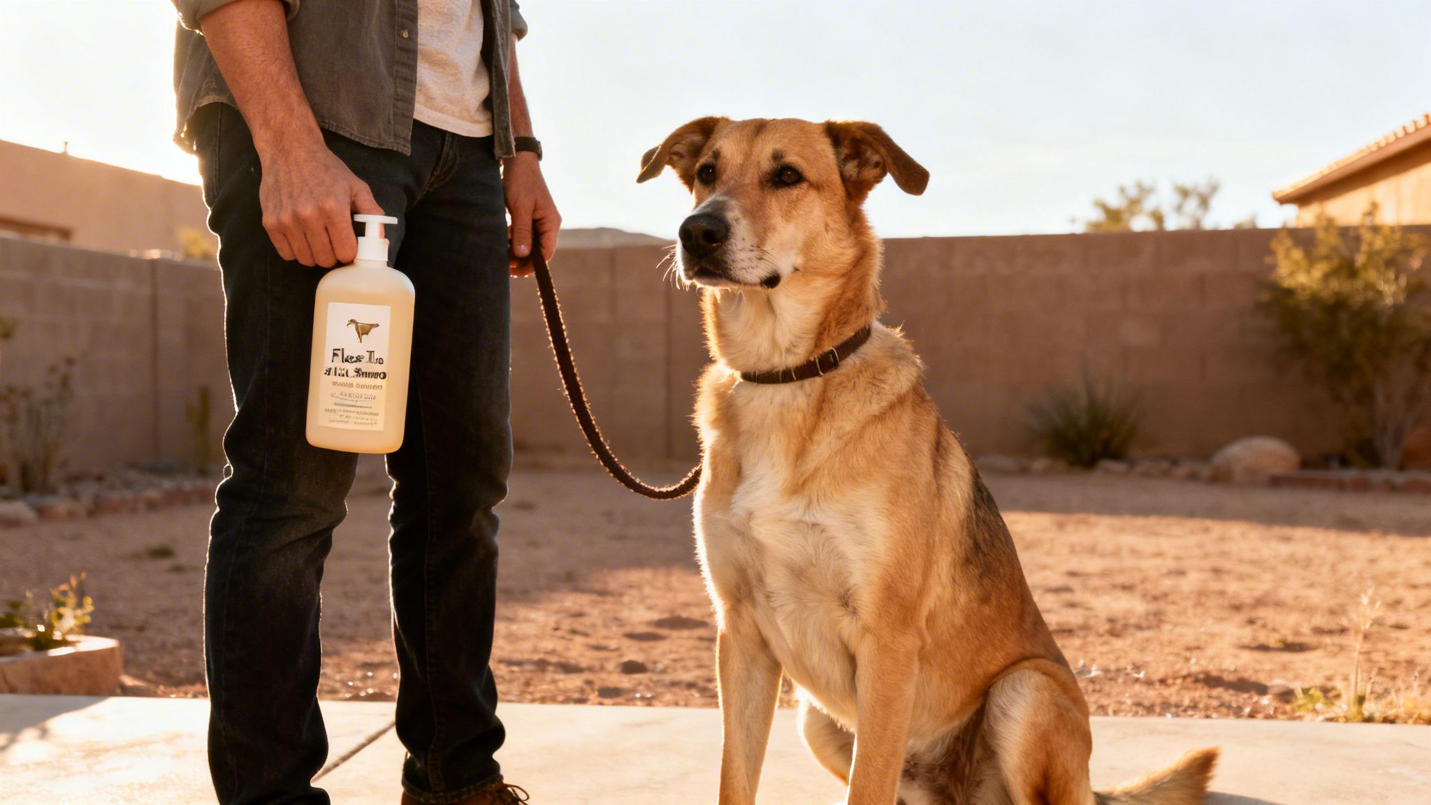A person holds a bottle of flea and tick dog shampoo next to a dog on a leash outdoors.