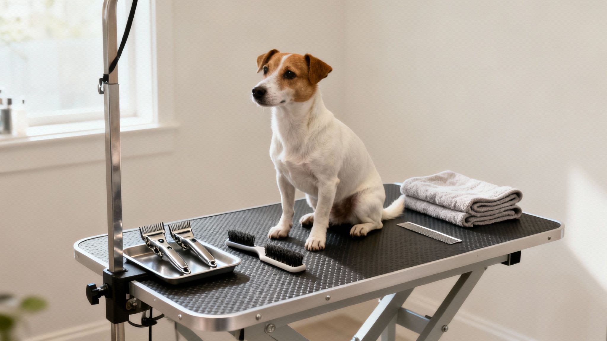 A small white and brown dog sits calmly on a black grooming table with tools and towels.