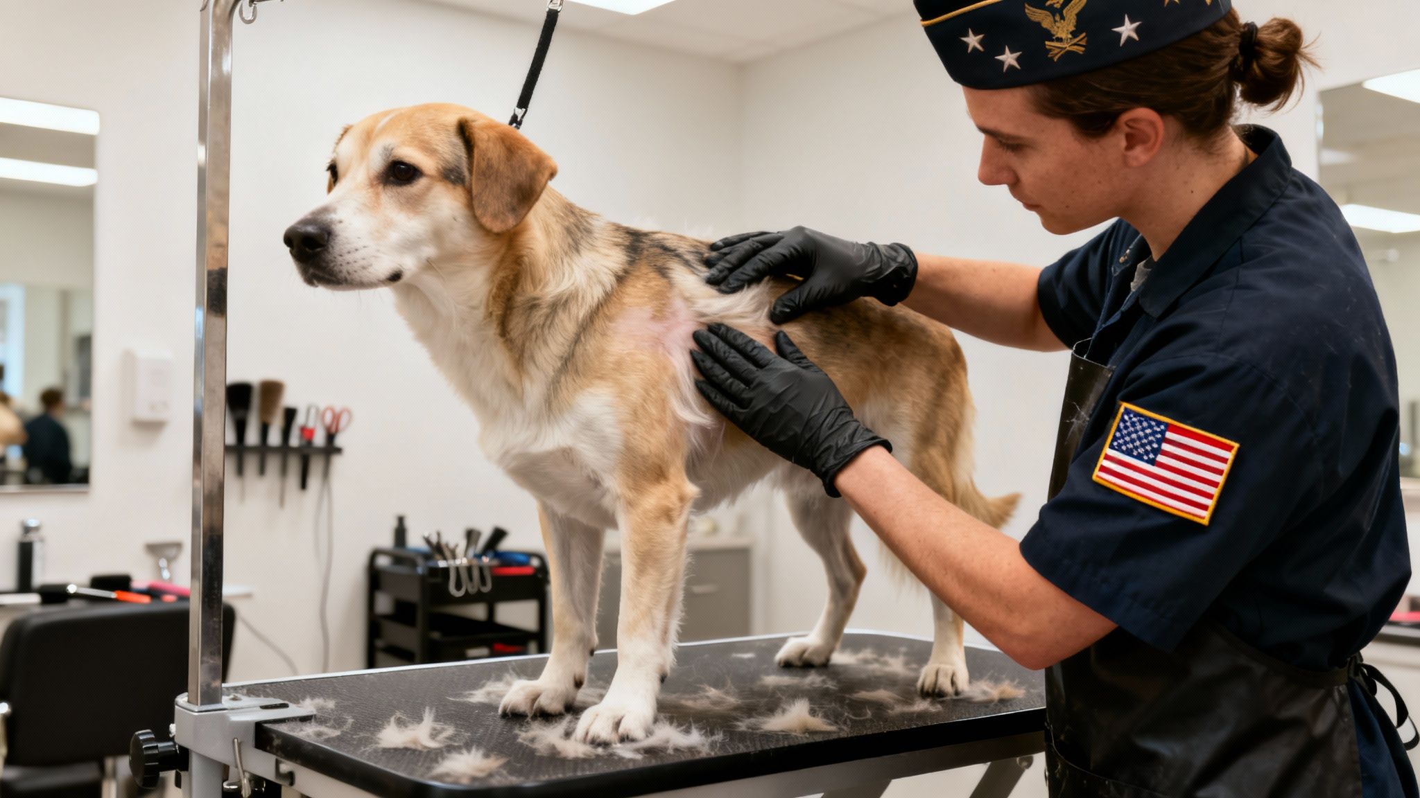 A person in uniform with gloves grooms a dog on a table, revealing a red skin patch.