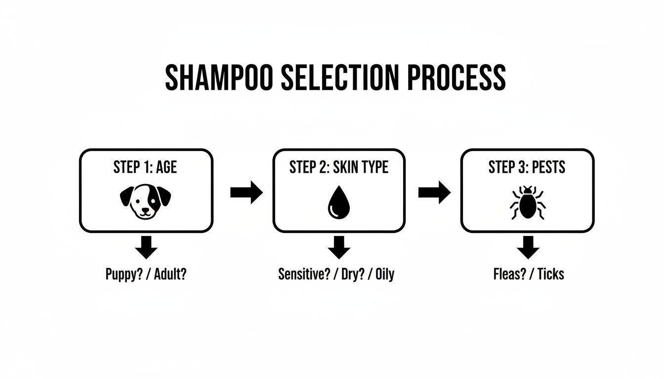 Flowchart illustrating dog shampoo selection based on age (puppy/adult), skin type, and pest presence.
