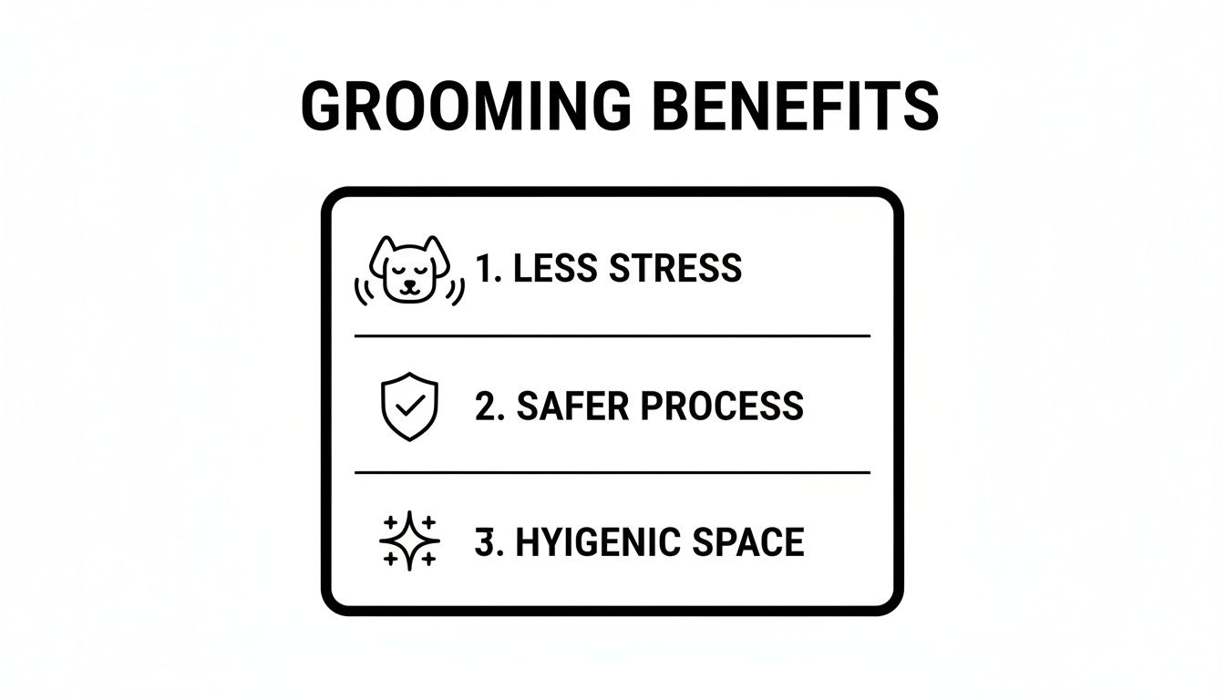 An infographic listing dog grooming benefits: Less Stress, Safer Process, and Hygienic Space.