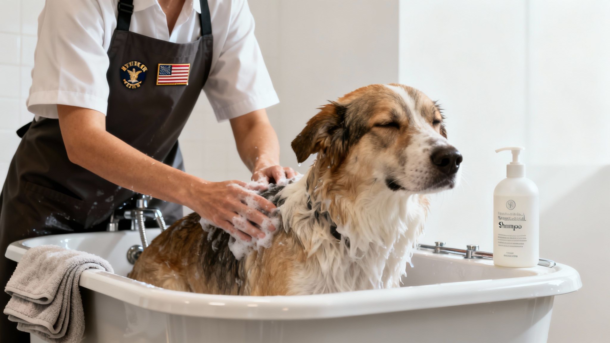 A person in an apron gently bathes a brown and white dog in a white bathtub, using shampoo.